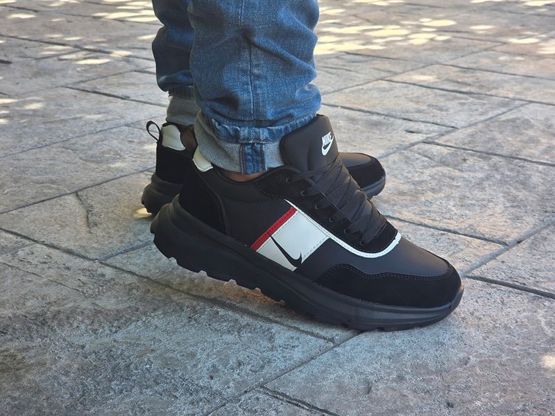 Pantofi casual bărbați Negru cu Alb și Roșu, talpă groasă Cod 504