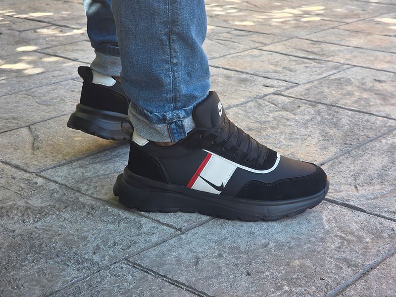 Pantofi casual bărbați Negru cu Alb și Roșu, talpă groasă Cod 504